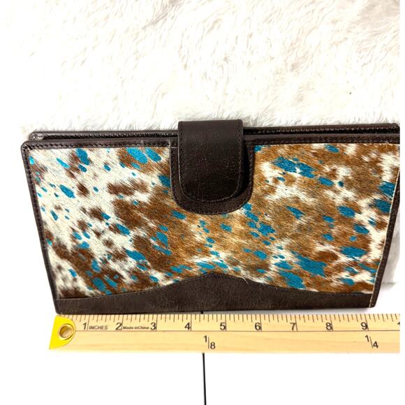 Cowhide Leather Checkbook/long wallet Turq/metallic hair on hide western boho - Picture 2 of 7